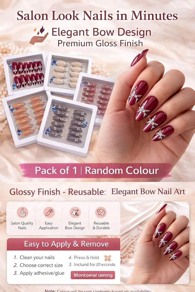 Bow Style Press-On Nails – Cute Self-Adhesive False Nails (12 pcs) with Adhesive Tabs